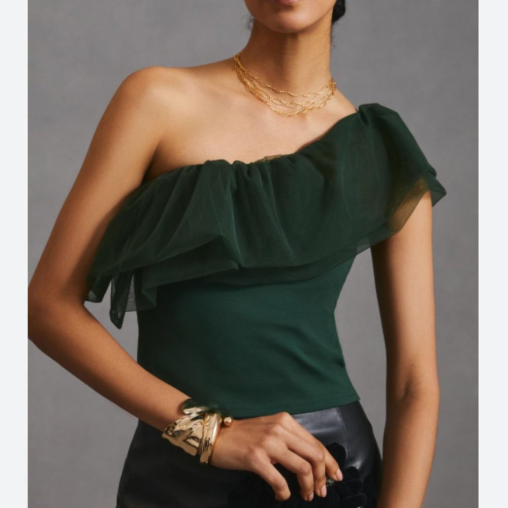 ⭐️Sunday in Brooklyn One-Shoulder Ruffle Tulle Chic Glam Party Modern Trendy Top